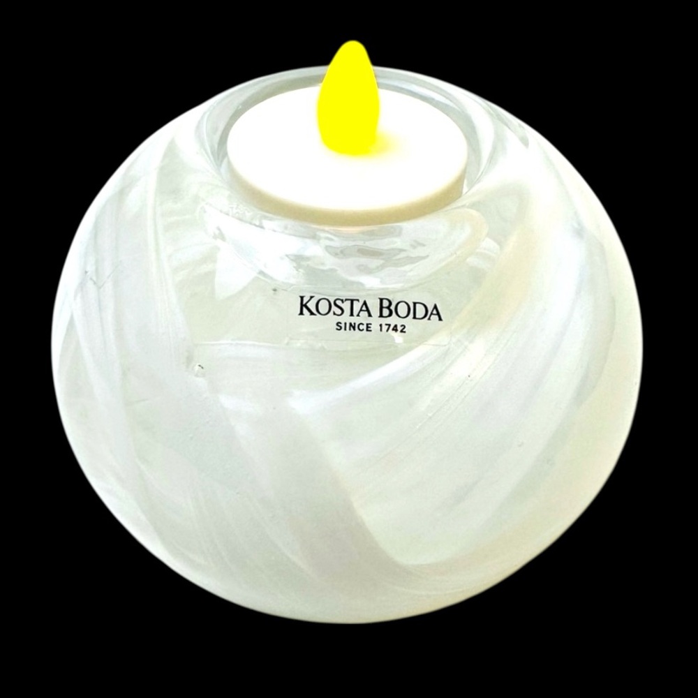 Kosta Boda Cool Moon Clear White Swirled Art Glass Ball Candle Holder Sweden